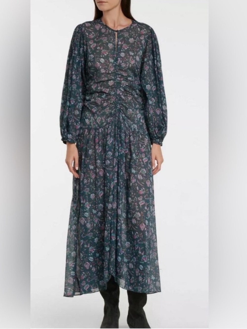 Isabel Marant Robe Mariana Boho Dark Green Floral Long Sleeve Maxi Dress, Sz 40